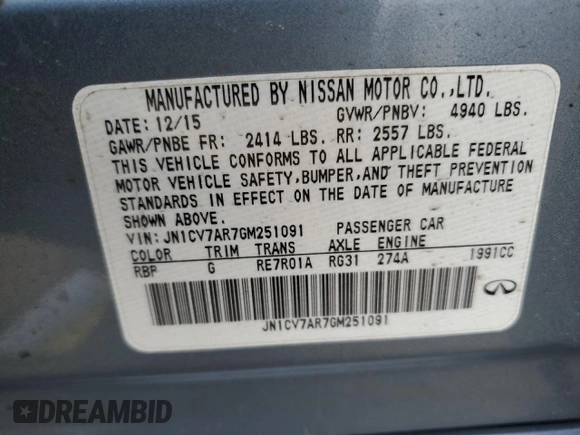 2016 Infiniti Q50 Premium with VIN JN1CV7AR7GM251091, listed as a Copart auction lot 49963495 with 77,833 mi miles and Salvage Title. Bid and sale history available at DreamBid. Image 12.