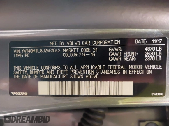 2018 Volvo S60 Dynamic with VIN YV140MTL8J2461042, listed as a IAAI auction lot 42093883 with 24,374 mi miles. Bid and sale history available at carsss.com. Image 9.