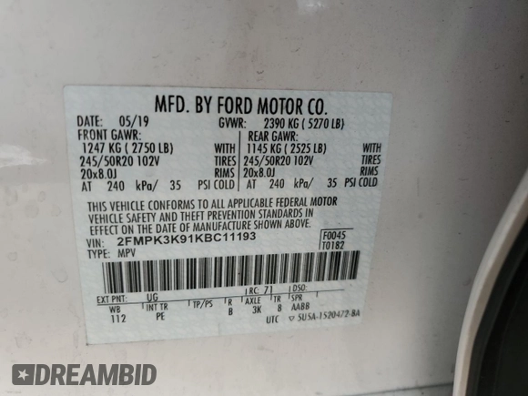 2019 Ford Edge Titanium z VIN 2FMPK3K91KBC11193, wystawiony jako Copart lot #53717475 z przebiegiem 31 599 mil mil oraz Szkoda całkowita • Salvage title. Historia ofert i sprzedaży dostępna na DreamBid. Obrazek 14.