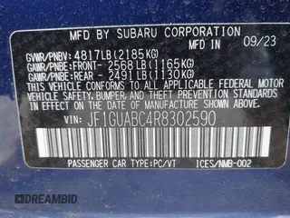 2024 Subaru Impreza with VIN JF1GUABC4R8302590, listed as a IAAI auction lot 42257875 with 14,842 mi miles and . Bid and sale history available at DreamBid. Image 9.