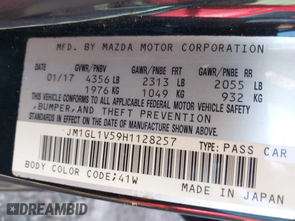 2017 Mazda Mazda6 Touring with VIN JM1GL1V59H1128257, listed as a IAAI auction lot 41503300 with 123,640 mi miles. Bid and sale history available at carsss.com. Image 9.