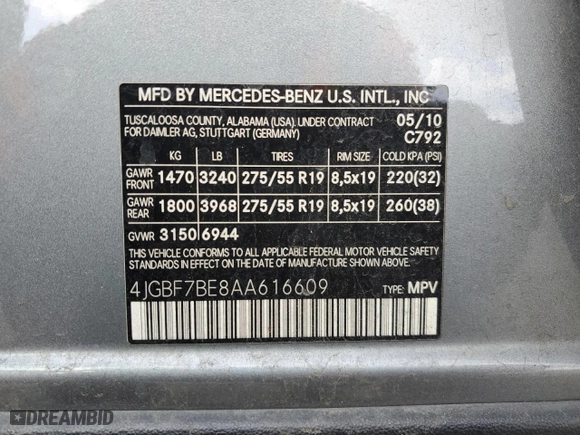 2010 Mercedes-Benz GL-Class GL 450 with VIN 4JGBF7BE8AA616609, listed as a Copart auction lot 51113595 with 193,141 mi miles and Salvage Title. Bid and sale history available at carsss.com. Image 13.