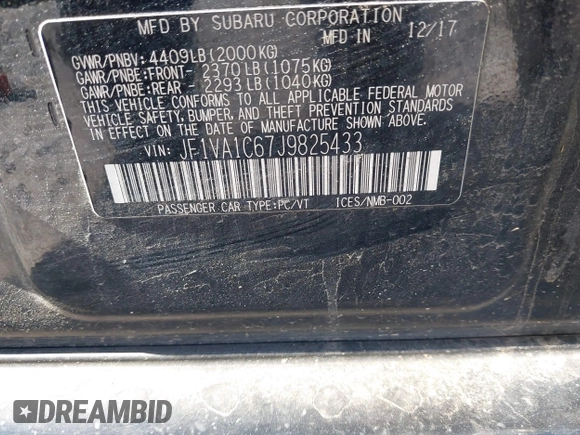2018 Subaru WRX Premium with VIN JF1VA1C67J9825433, listed as a IAAI auction lot 41987183 with 105,332 mi miles. Bid and sale history available at carsss.com. Image 9.