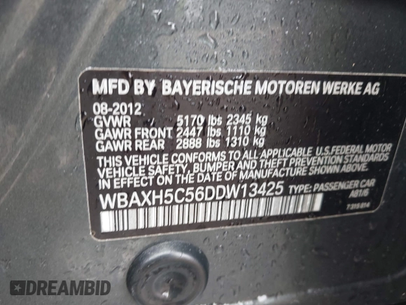 2013 BMW 5 Series 528i xDrive with VIN WBAXH5C56DDW13425, listed as a IAAI auction lot 41927530 with 120,847 mi miles. Bid and sale history available at carsss.com. Image 9.