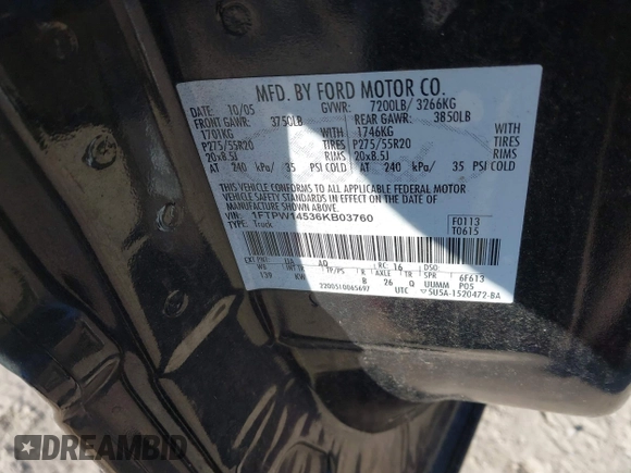 2006 Ford F-150 XLT with VIN 1FTPW14536KB03760, listed as a IAAI auction lot 41344344 with 170,482 mi miles and . Bid and sale history available at carsss.com. Image 9.