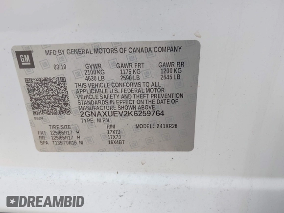 2019 Chevrolet Equinox LT with VIN 2GNAXUEV2K6259764, listed as a IAAI auction lot 41511470 with 128,358 mi miles. Bid and sale history available at carsss.com. Image 9.