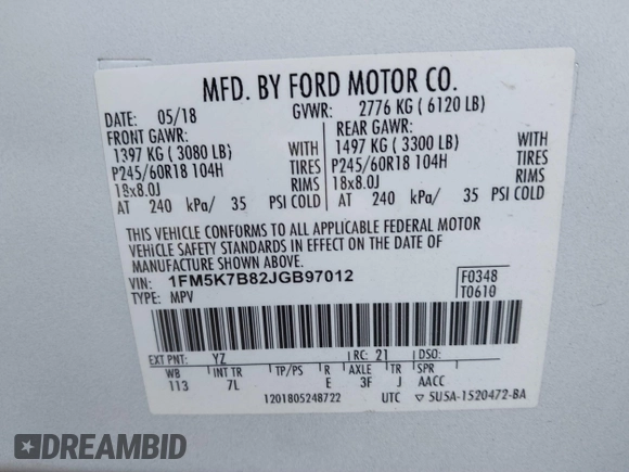 2018 Ford Explorer with VIN 1FM5K7B82JGB97012, listed as a IAAI auction lot 41373521 with 109,534 mi miles and . Bid and sale history available at DreamBid. Image 9.