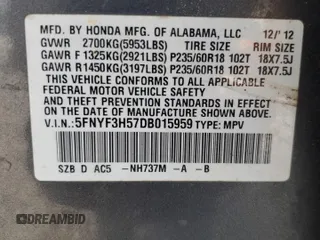 2013 Honda Pilot EX-L with VIN 5FNYF3H57DB015959, listed as a Copart auction lot 63993085 with Not provided miles and Clean title. Bid and sale history available at DreamBid. Image 13.
