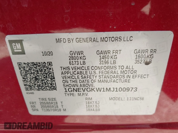 2021 Chevrolet Traverse LT Cloth with VIN 1GNEVGKW1MJ100973, listed as a IAAI auction lot 41477074 with 56,167 mi miles. Bid and sale history available at carsss.com. Image 9.
