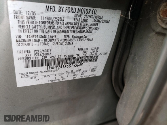 2006 Ford Five Hundred SEL with VIN 1FAHP241X6G153648, listed as a Copart auction lot 87228504 with 174,276 mi miles and Salvage Title. Bid and sale history available at carsss.com. Image 15.