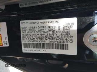 2019 Honda Accord EX-L with VIN 1HGCV2F58KA025191, listed as a IAAI auction lot 42349371 with 68,225 mi miles and . Bid and sale history available at DreamBid. Image 9.