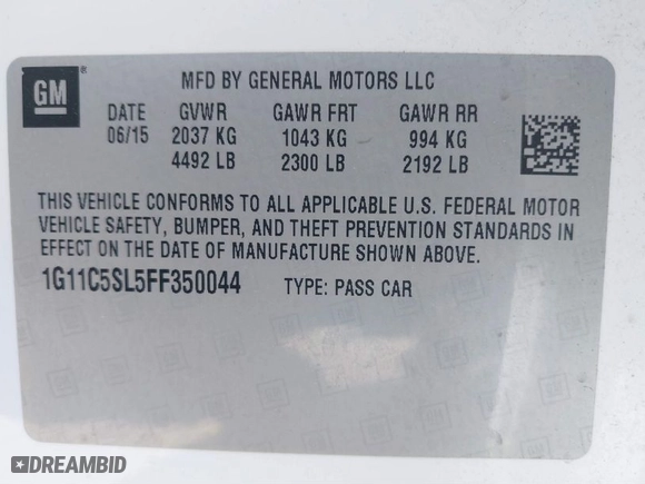 2015 Chevrolet Malibu LT with VIN 1G11C5SL5FF350044, listed as a IAAI auction lot 40090552 with 1 mi miles. Bid and sale history available at carsss.com. Image 9.