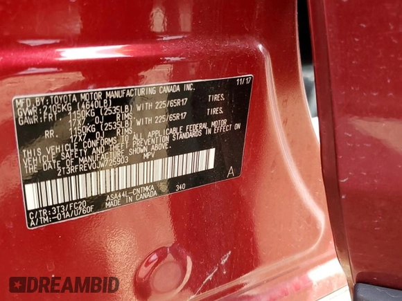 2018 Toyota RAV4 XLE with VIN 2T3RFREV0JW725903, listed as a Copart auction lot 48519955 with 55,056 mi miles and Salvage Title. Bid and sale history available at DreamBid. Image 13.