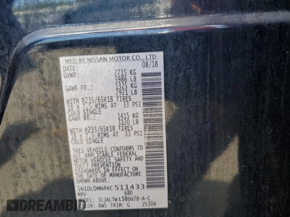 2019 Infiniti QX60 Pure z VIN 5N1DL0MN4KC511433, wystawiony jako Copart lot #55981635 z przebiegiem 71 703 mil mil oraz Szkoda całkowita • Salvage title. Historia ofert i sprzedaży dostępna na DreamBid. Obrazek 13.