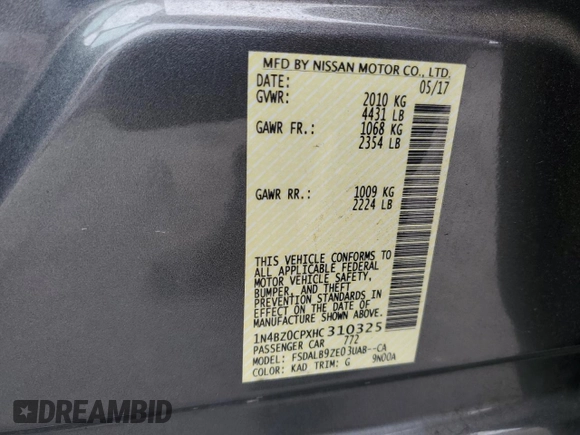 2017 Nissan LEAF SL with VIN 1N4BZ0CPXHC310325, listed as a Copart auction lot 63435333 with 37,787 mi miles. Bid and sale history available at carsss.com. Image 12.