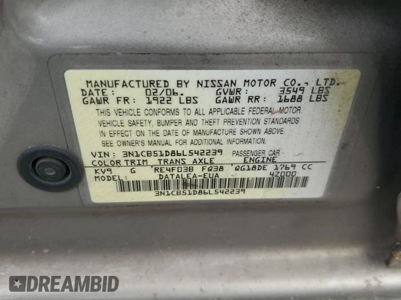 2006 Nissan Sentra S z VIN 3N1CB51D86L542239, wystawiony jako Copart lot #56009135 z przebiegiem 228 669 mil mil oraz Szkoda całkowita • Salvage title. Historia ofert i sprzedaży dostępna na DreamBid. Obrazek 12.