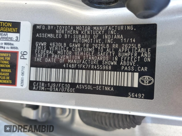 2015 Toyota Camry XLE with VIN 4T4BF1FK7FR455968, listed as a Copart auction lot 42495035 with 129,131 mi miles and Salvage Title. Bid and sale history available at carsss.com. Image 15.