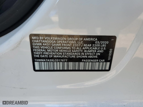 2020 Volkswagen Passat 2.0T R-Line with VIN 1VWMA7A3XLC017677, listed as a Copart auction lot 50916475 with 29,665 mi miles and Salvage Title. Bid and sale history available at carsss.com. Image 12.