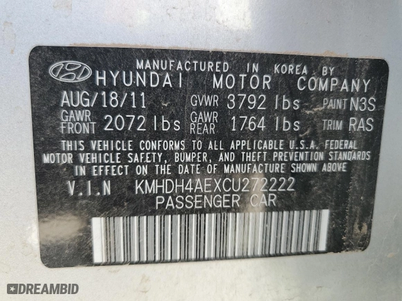 2012 Hyundai Elantra GLS with VIN KMHDH4AEXCU272222, listed as a Copart auction lot 53307345 with 103,639 mi miles and Salvage Title. Bid and sale history available at carsss.com. Image 12.