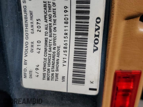 1994 Volvo 900 z VIN YV1JS8615R1180199, wystawiony jako Copart lot #76126714 z przebiegiem 131 713 mil mil oraz Szkoda całkowita • Salvage title. Historia ofert i sprzedaży dostępna na DreamBid. Obrazek 12.