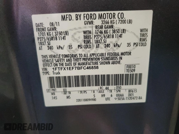 2011 Ford F-150 XL with VIN 1FTFX1EF7BFC46858, listed as a Copart auction lot 60274595 with 139,797 mi miles and Salvage title. Bid and sale history available at DreamBid. Image 12.