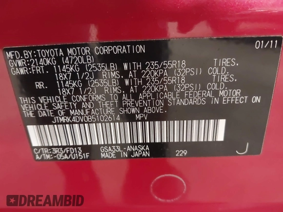 2011 Toyota RAV4 Sport with VIN JTMRK4DV0B5102614, listed as a IAAI auction lot 42486700 with 175,877 mi miles and . Bid and sale history available at DreamBid. Image 9.
