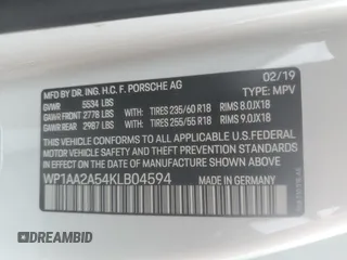 2019 Porsche Macan with VIN WP1AA2A54KLB04594, listed as a Copart auction lot 57502195 with 43,681 mi miles and Salvage title. Bid and sale history available at DreamBid. Image 13.