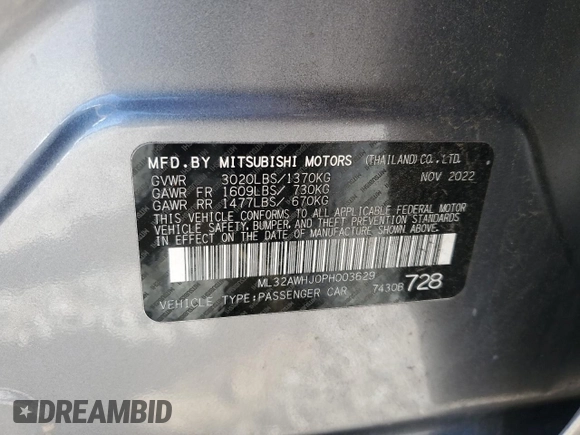 2023 Mitsubishi Mirage Black Edition with VIN ML32AWHJ0PH003629, listed as a Copart auction lot 57873775 with Not provided miles and Salvage title. Bid and sale history available at DreamBid. Image 12.