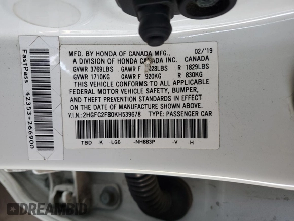 2019 Honda Civic Sport with VIN 2HGFC2F80KH539678, listed as a Copart auction lot 58090255 with 90,187 mi miles and Salvage title. Bid and sale history available at DreamBid. Image 12.