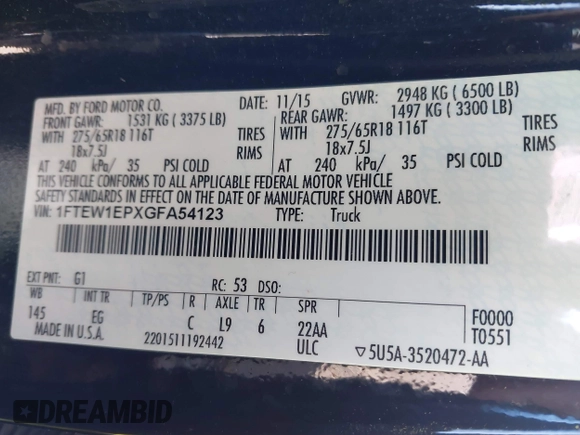 2016 Ford F-150 XLT with VIN 1FTEW1EPXGFA54123, listed as a IAAI auction lot 41760334 with Not provided miles and . Bid and sale history available at DreamBid. Image 9.