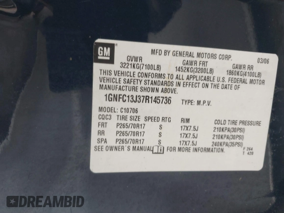 2007 Chevrolet Tahoe LTZ with VIN 1GNFC13J37R145736, listed as a IAAI auction lot 41724845 with 290,931 mi miles and . Bid and sale history available at DreamBid. Image 9.