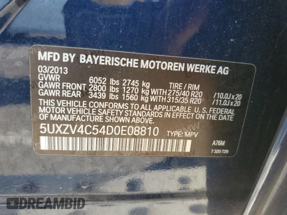 2013 BMW X5 xDrive35i with VIN 5UXZV4C54D0E08810, listed as a Copart auction lot 51255265 with 98,227 mi miles and Salvage Title. Bid and sale history available at carsss.com. Image 13.