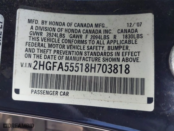 2008 Honda Civic Sdn Si with VIN 2HGFA55518H703818, listed as a IAAI auction lot 41991131 with 148,522 mi miles. Bid and sale history available at carsss.com. Image 9.