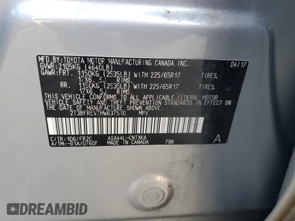 2017 Toyota RAV4 LE with VIN 2T3BFREV7HW637510, listed as a Copart auction lot 54057025 with 13,931 mi miles and Salvage Title. Bid and sale history available at carsss.com. Image 13.
