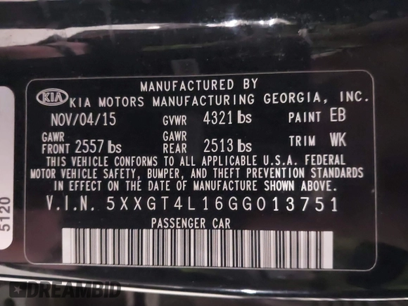 2016 Kia Optima LX Turbo with VIN 5XXGT4L16GG013751, listed as a IAAI auction lot 41843481 with 163,969 mi miles. Bid and sale history available at carsss.com. Image 9.