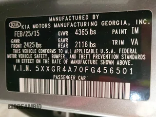 2015 Kia Optima SX with VIN 5XXGR4A70FG456501, listed as a Copart auction lot 47681395 with 125,092 mi miles and Salvage Title. Bid and sale history available at carsss.com. Image 14.