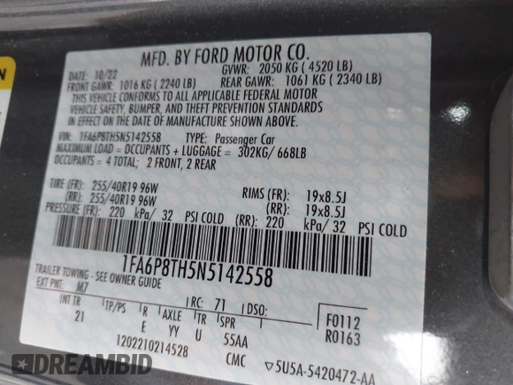 2022 Ford Mustang EcoBoost with VIN 1FA6P8TH5N5142558, listed as a IAAI auction lot 42025156 with 24,069 mi miles and . Bid and sale history available at DreamBid. Image 9.