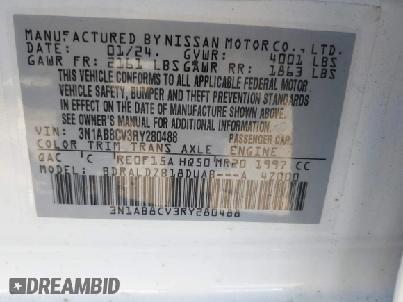 2024 Nissan Sentra SV with VIN 3N1AB8CV3RY280488, listed as a IAAI auction lot 41725874 with 16,810 mi miles and . Bid and sale history available at DreamBid. Image 9.