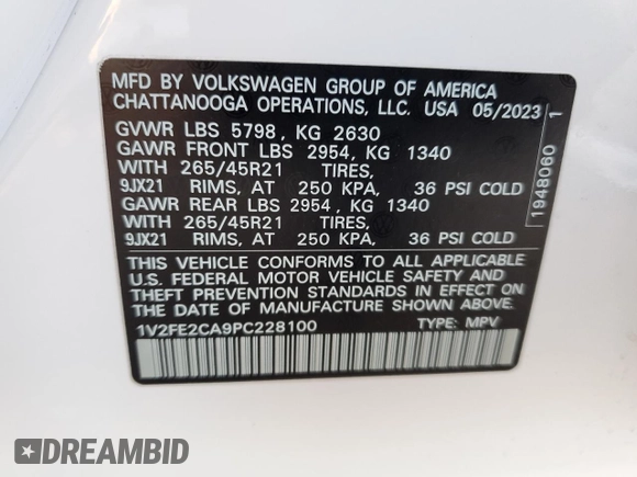 2023 Volkswagen Atlas SEL Premium R-Line with VIN 1V2FE2CA9PC228100, listed as a Copart auction lot 42774795 with 6,944 mi miles and Salvage title. Bid and sale history available at DreamBid. Image 14.