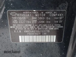 2008 Hyundai Elantra GLS with VIN KMHDU46D88U583778, listed as a IAAI auction lot 42235073 with 30,291 mi miles and . Bid and sale history available at DreamBid. Image 9.