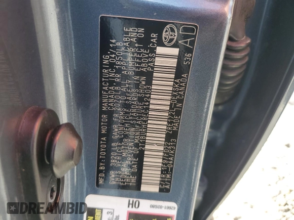 2014 Toyota Corolla L with VIN 2T1BURHE8EC142403, listed as a Copart auction lot 60801845 with Not provided miles and Salvage title. Bid and sale history available at DreamBid. Image 12.