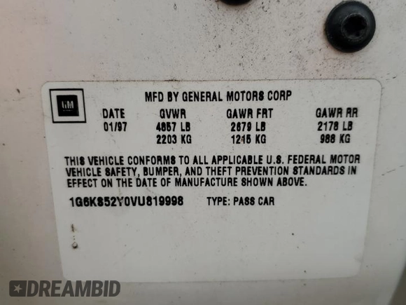 1997 Cadillac Seville Luxury SLS z VIN 1G6KS52Y0VU819998, wystawiony jako Copart lot #55979335 z przebiegiem 87 054 mil mil oraz Szkoda całkowita • Salvage title. Historia ofert i sprzedaży dostępna na DreamBid. Obrazek 12.