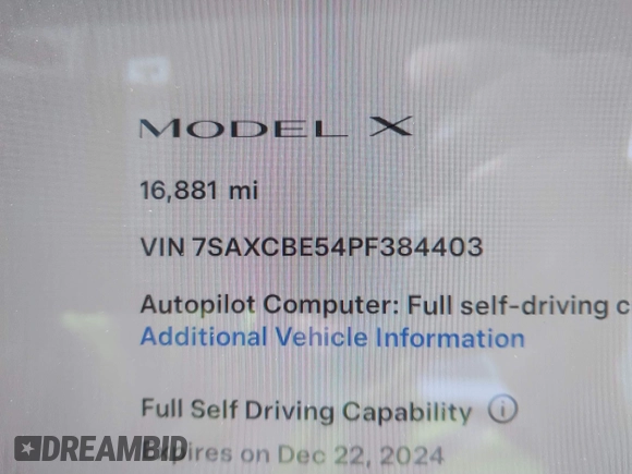 2023 Tesla Model X with VIN 7SAXCBE54PF384403, listed as a IAAI auction lot 40947187 with 16,881 mi miles and . Bid and sale history available at DreamBid. Image 7.