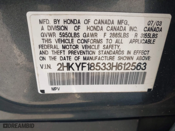 2003 Honda Pilot EX with VIN 2HKYF18533H612563, listed as a IAAI auction lot 41986321 with 259,252 mi miles. Bid and sale history available at carsss.com. Image 9.