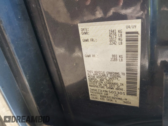 2009 Nissan Altima SL with VIN 1N4AL21E49N505305, listed as a IAAI auction lot 41792665 with 164,592 mi miles and . Bid and sale history available at DreamBid. Image 9.