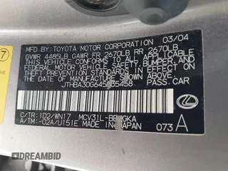 2004 Lexus ES 350 with VIN JTHBA30G645035458, listed as a IAAI auction lot 41850177 with 134,806 mi miles and . Bid and sale history available at DreamBid. Image 9.