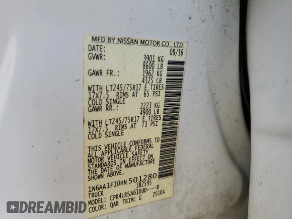 2017 Nissan Titan with VIN 1N6AA1F10HN501280, listed as a Copart auction lot 43782625 with 217,906 mi miles and Clean title. Bid and sale history available at DreamBid. Image 12.