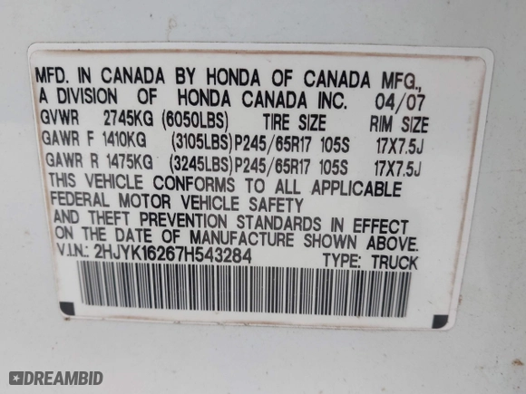 2007 Honda Ridgeline RT with VIN 2HJYK16267H543284, listed as a IAAI auction lot 41625102 with 223,826 mi miles. Bid and sale history available at carsss.com. Image 9.