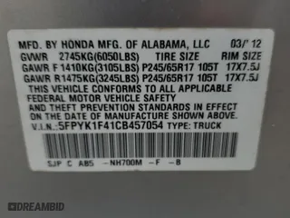2012 Honda Ridgeline RTS with VIN 5FPYK1F41CB457054, listed as a Copart auction lot 65120104 with 170,740 mi miles and Salvage Title. Bid and sale history available at carsss.com. Image 14.