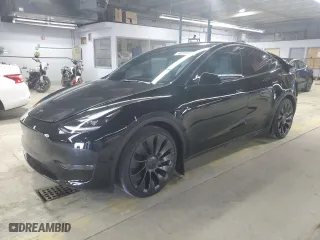 2025 Tesla Model Y Performance with VIN 7SAYGDEF3SA345952, listed as a Copart auction lot 48304985 with 5,695 mi miles and Salvage Title. Bid and sale history available at carsss.com. Image 1.